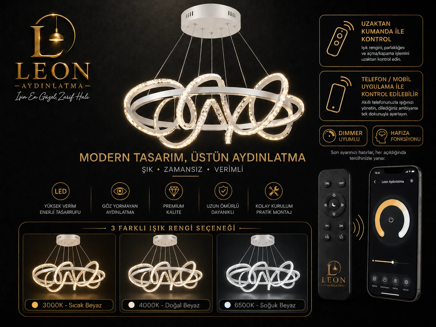 LEON Wave Loop LED Sarkıt Avize – Siyah / Beyaz / Gold 2
