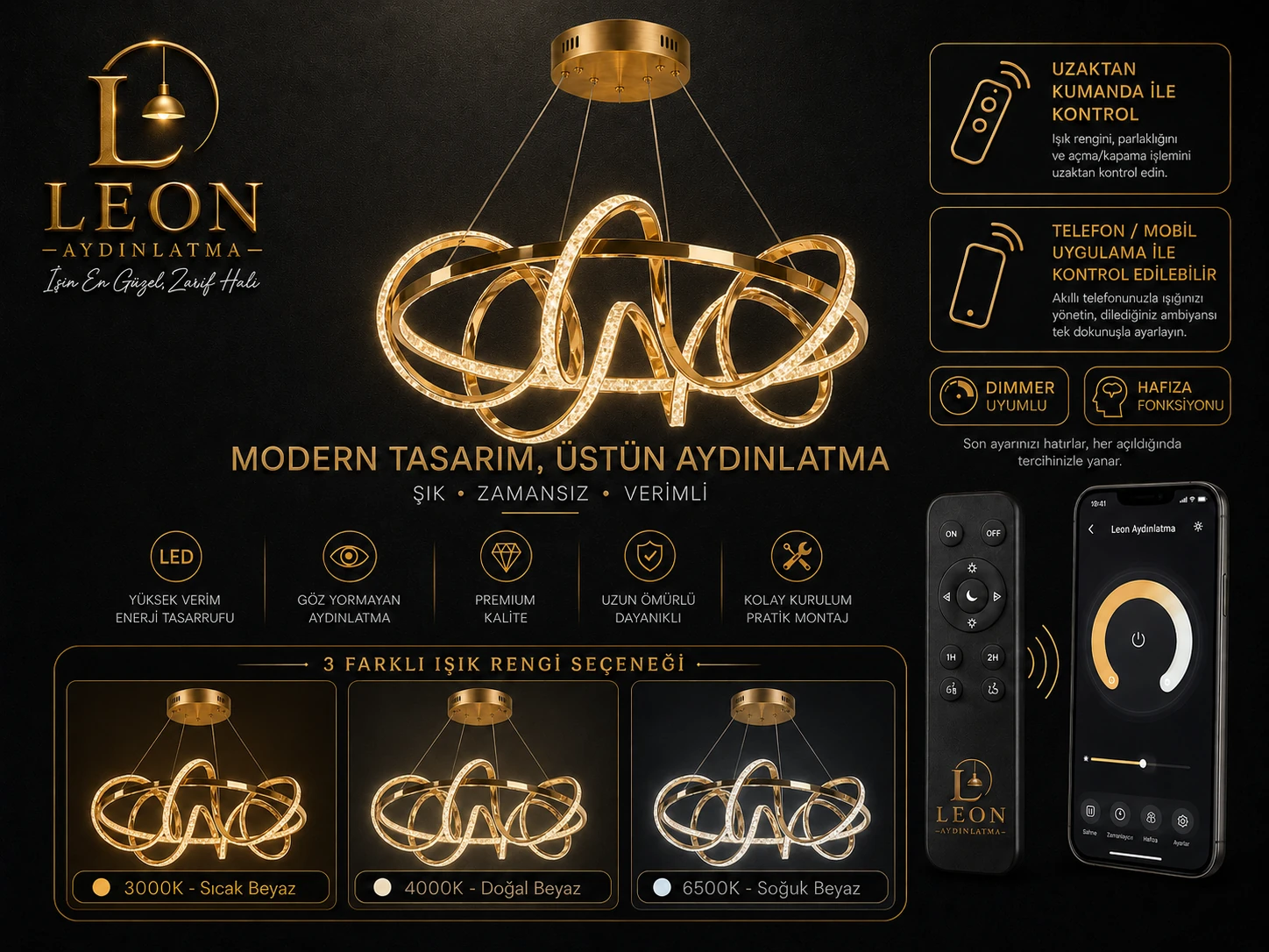 LEON Wave Loop LED Sarkıt Avize – Siyah / Beyaz / Gold 3